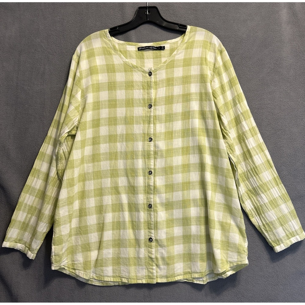 Gudrun Sjoden Ellinor Button Front Top Organic Cotton Large Green Gingham Check